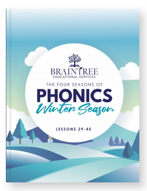 Cover of “The Four Seasons of Phonics – Winter Season, Lessons 29–45” by Braintree Educational Services. A circular title sits over a snowy mountain landscape with pine trees and a small snowman under a blue winter sky.