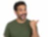 Smiling man pointing his thumb over his shoulder