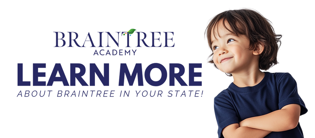Banner with Braintree Academy logo and text reading “Learn More About Braintree in Your State!” alongside a smiling young child in a navy shirt looking upward with arms crossed