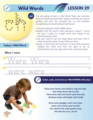 Lesson 29 phonics page titled “Wild Words.” Students practice the sight word “were.” The page includes instructions for saying and spelling the word, dotted tracing lines for writing “were,” a short rhyming poem about chalk drawings, and an image of a young child drawing with sidewalk chalk.