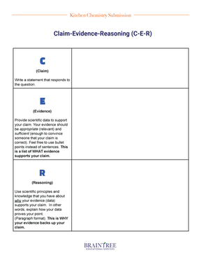 “Worksheet titled ‘Claim-Evidence-Reasoning (C-E-R).’ The page includes three sections where students write a claim answering a question, provide supporting evidence from their experiment, and explain their reasoning.”