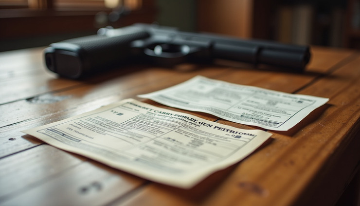 Eye-level view of a Delaware state gun permit and concealed carry permit side by side on a wooden table