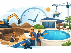 La imagen muestra una ilustración de construcción de piscina con excavadora, trabajadores y una casa. Aquí todo el SEO de una vez: Texto alternativo: Pool construction timeline illustration showing excavation and building process in Houston TX