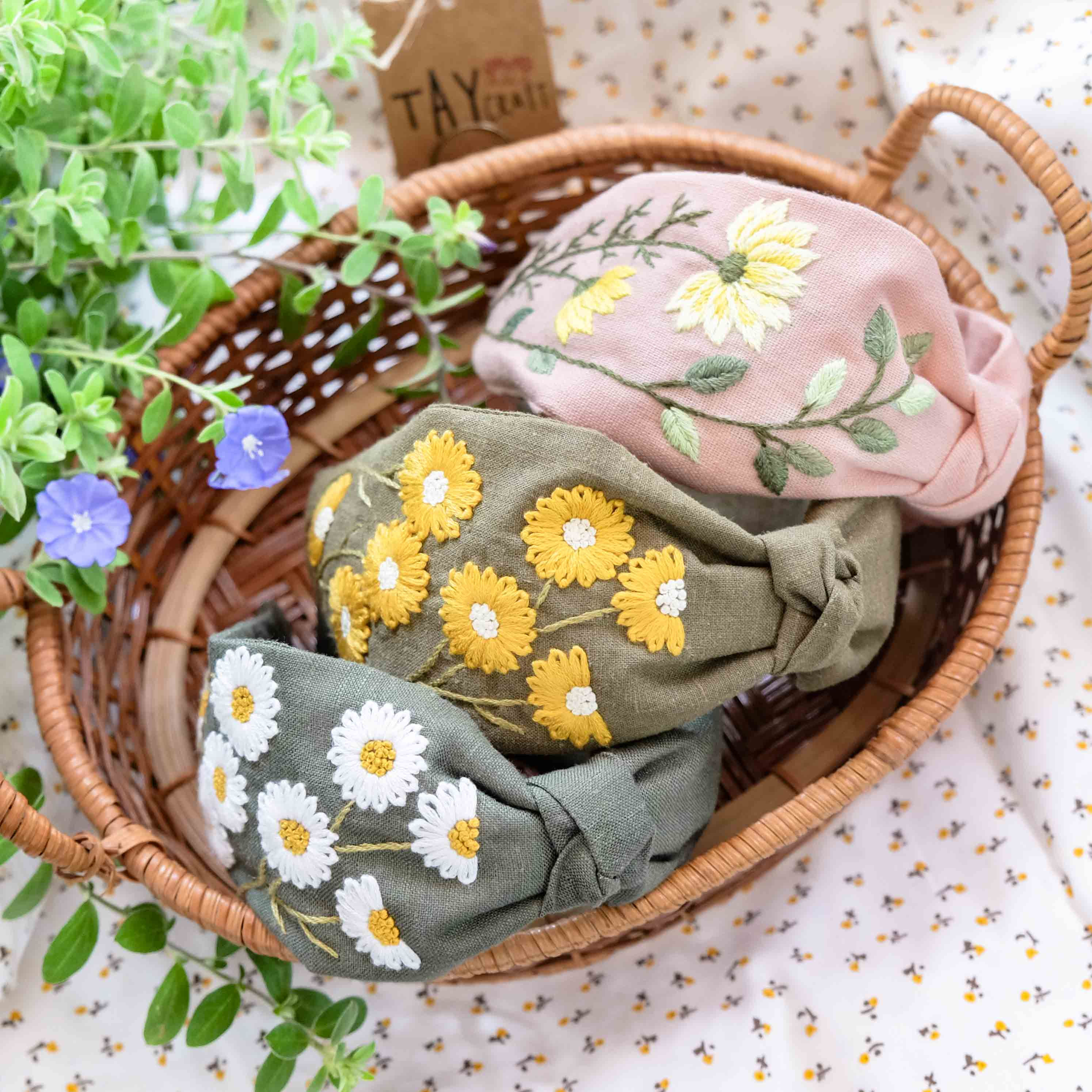 Bờm tóc linen kiểu dáng thắt nơ thêu tay thủ công