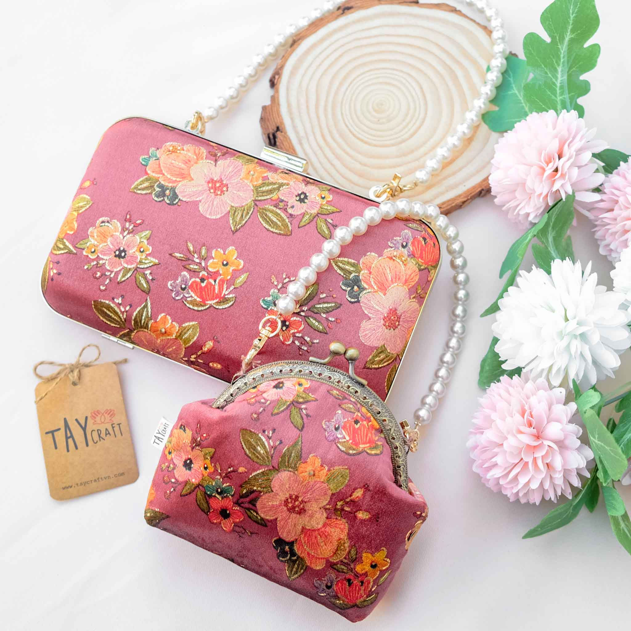 Set túi đôi mẹ con - Túi xách nữ vải nhung họa tiết hoa phun nhũ sang trọng