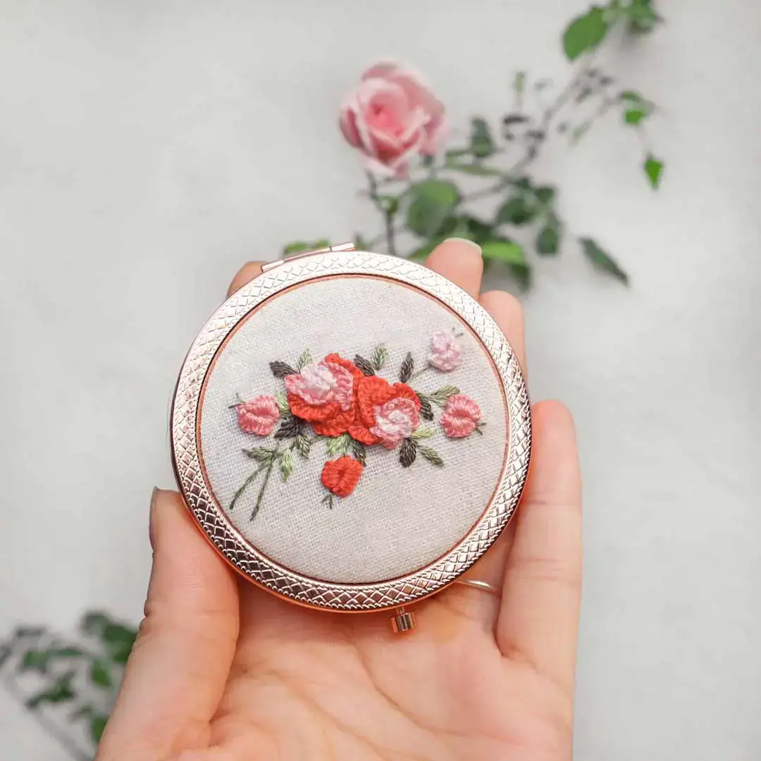 Hand Embroidered Compact Mirror | Rose Branches