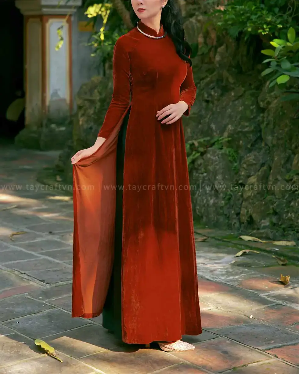 Hình thu nhỏ: Áo dài Nhung The Đỏ Cam Gạch | AD25