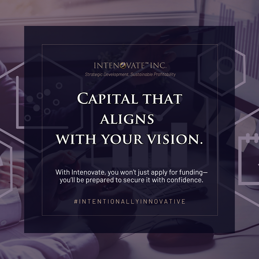 Intenovate Inc. promotional graphic highlighting lending strategy. Reads: Capital that aligns with your vision. With Intenovate, you won’t just apply for funding—you’ll be prepared to secure it with confidence. Includes digital finance visuals and the brand hashtag #IntentionallyInnovative.