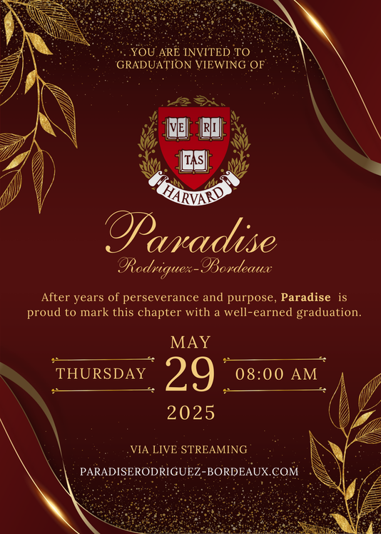 Elegant red and gold Harvard graduation invitation for Paradise Rodriguez-Bordeaux on May 29, 2025, via live stream, featuring ornate leaves.