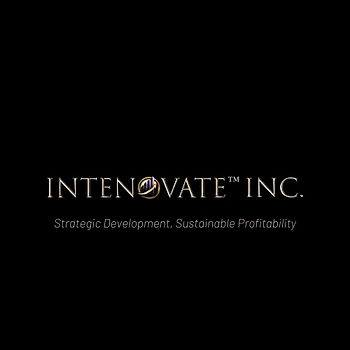Black logo on black background reading INTENOVATE INC., with tagline Strategic Development, Sustainable Profitability.
