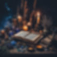 Witch's workshop with the night sky, candles, crystals, herbs, an open book, and blues.jpg