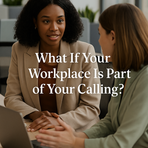 A Black professional woman encouraging a colleague at work, symbolising purpose, confidence, leadership, and living out one’s calling in the workplace.