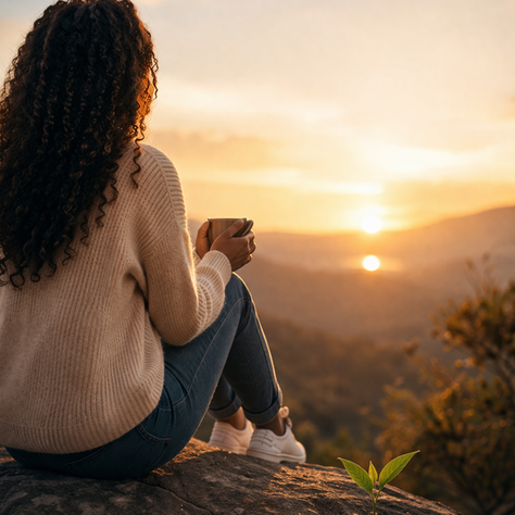 Woman sitting at sunrise reflecting on growth and staying steady during life transitions”