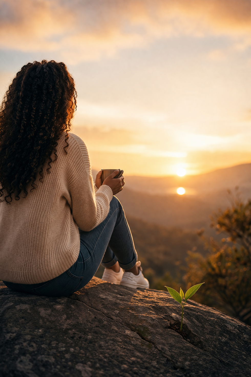 Woman sitting at sunrise reflecting on growth and staying steady during life transitions”