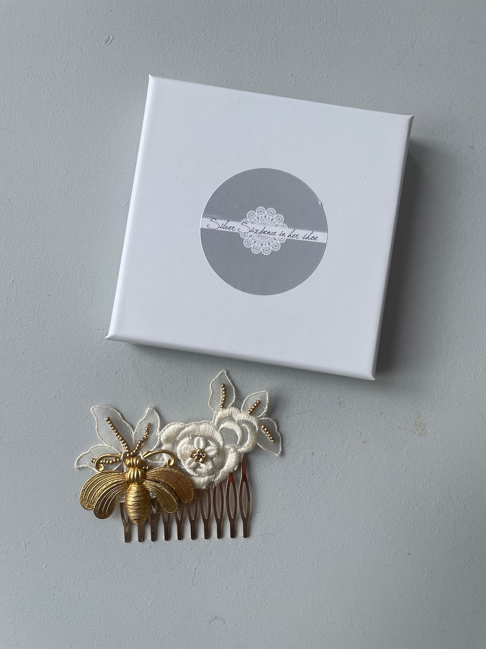 Thumbnail: Manchester Gold Bee Vintage Lace Bridal or Bridesmaid Hair Comb
