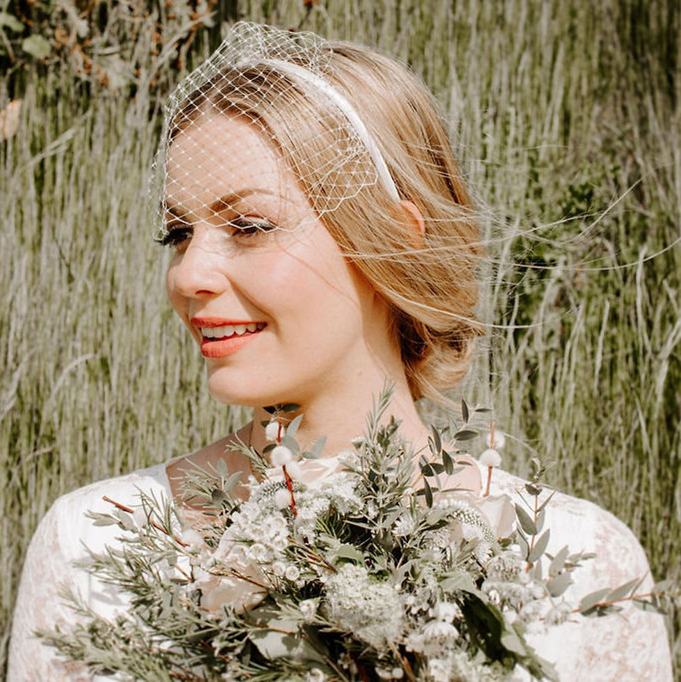 Thumbnail: Short Birdcage Wedding Veil Headband In  Ivory, Blush or Black