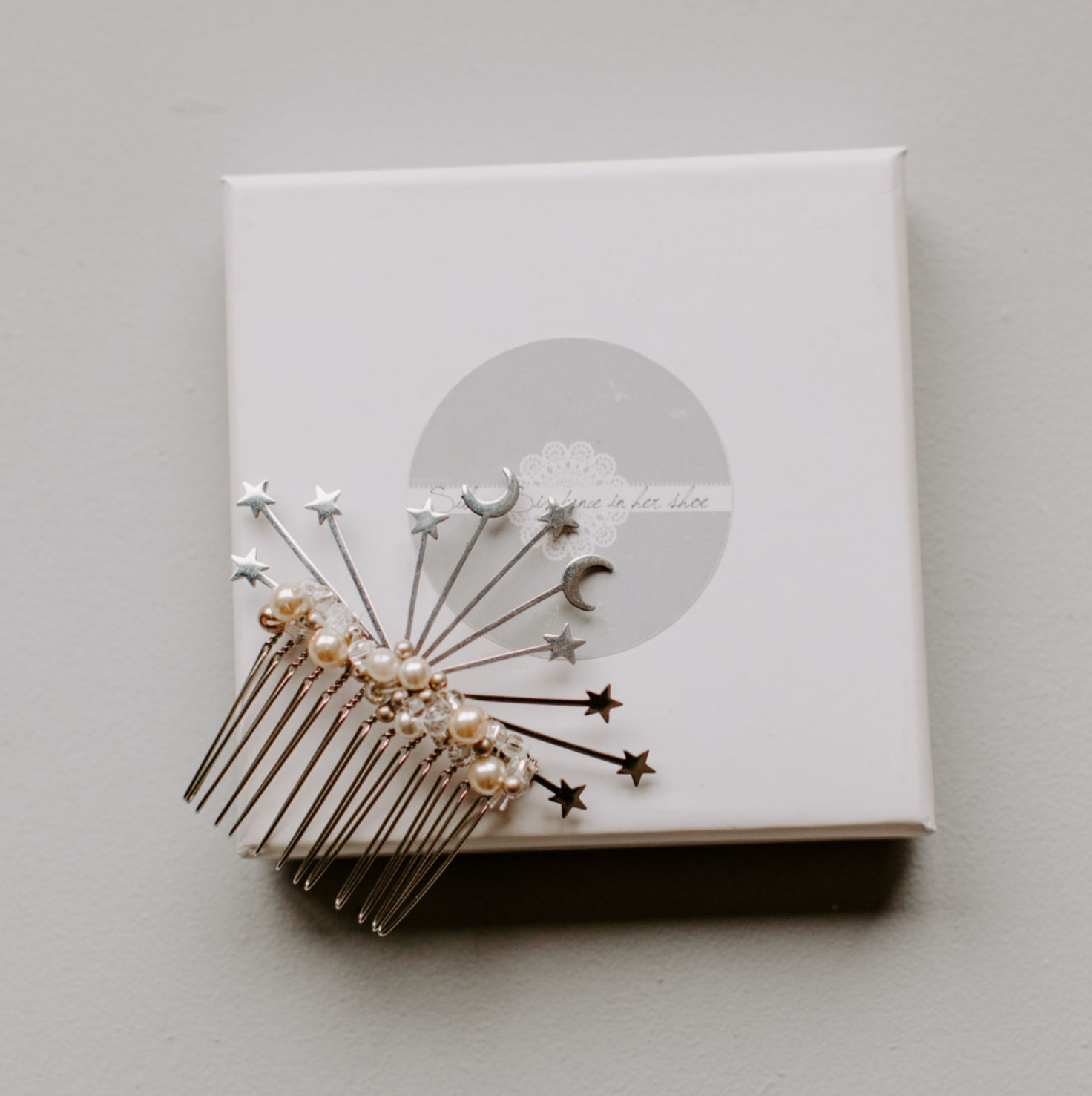 Celestial Stars and Moon with hand beaded pearl cluster comb