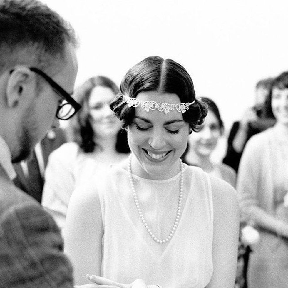 Thumbnail: Florrie handmade tatted lace beaded bridal headband halo- blush ivory