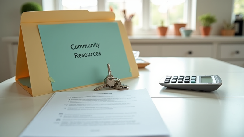 Folder 'Community Resources', keys, calculator, documents
