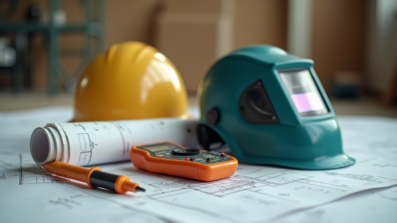 Workforce readiness tools: hard hat, mask, blueprints