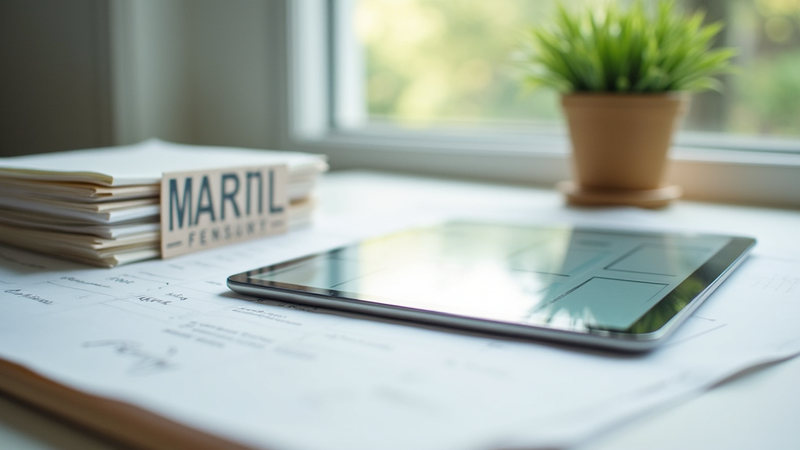 Organized workspace with documents, tablet, and plant