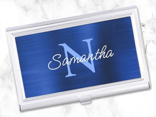 Best Deals! Royal Navy Blue Faux Metallic Foil Monogram Business Card Case