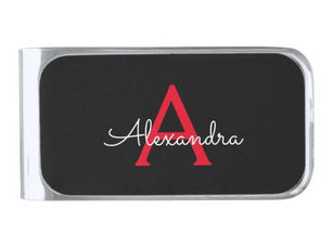 Hot Deals! Red Black Script Girly Monogram Name Silver Finish Money Clip