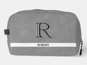 Big Deals! Gray Leather Texture Trim White Monogram Name Dopp Kit