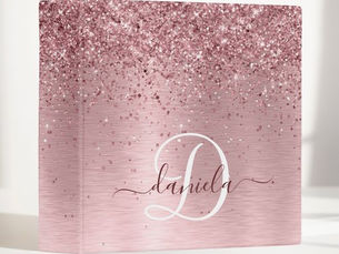 Hot Deals! Blush Pink Brushed Metal Glitter Monogram Name 3 Ring Binder