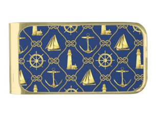 Top 10! Classic Nautical Gold Blue Sailboat Lighthouse Gold Finish Money Clip