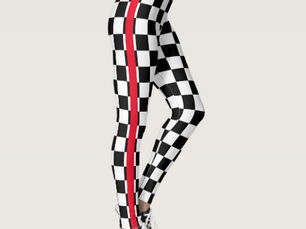 Hot Review! Cool Black White Checkered Flag Pattern Red Stripe Leggings