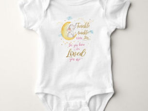 Big Deals! Twinkle Little Star Elephant Crescent Moon Pink Baby Bodysuit