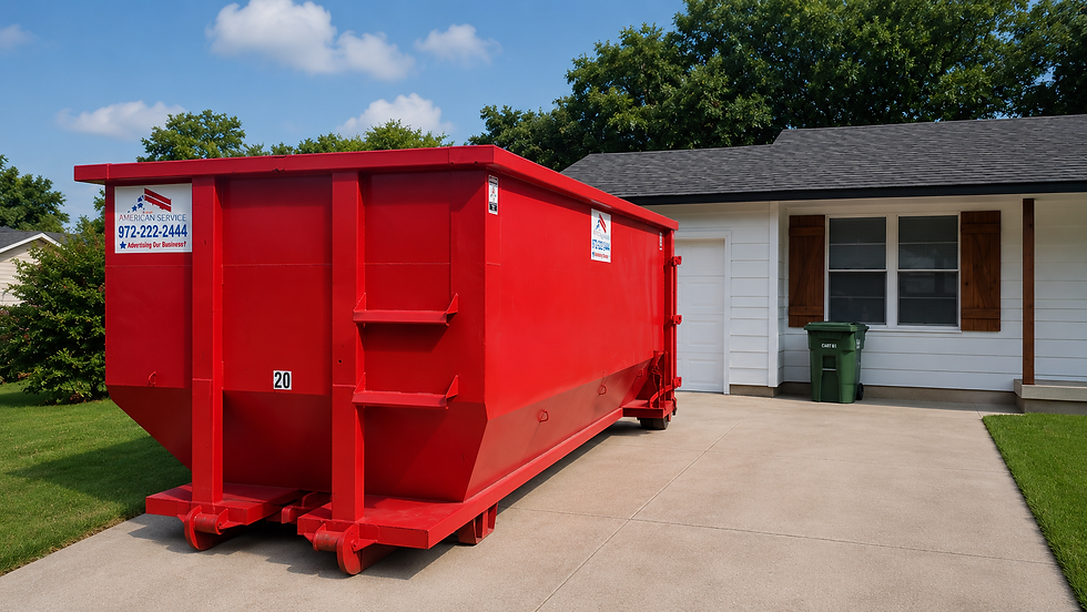 Large red dumpster on a suburban driveway beside a white house; sign reads American Service 972-222-2444.