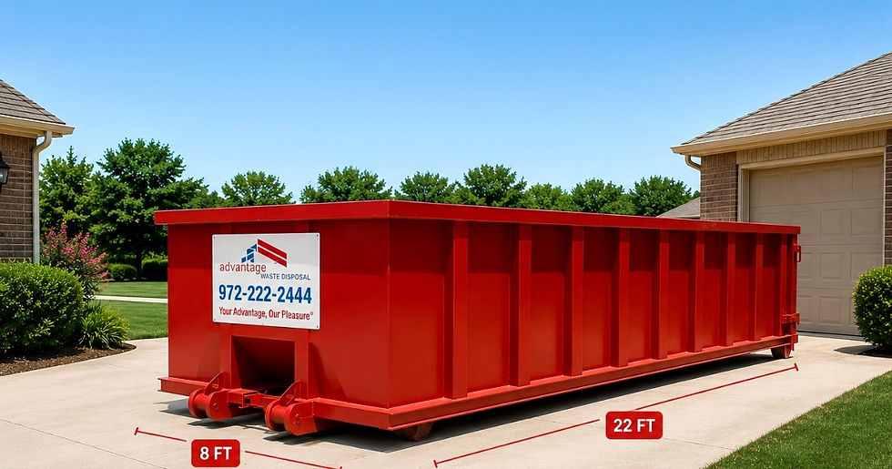 Large red waste dumpster in a driveway beside a house, with Advantage Waste Disposal sign and 8 ft, 22 ft labels.