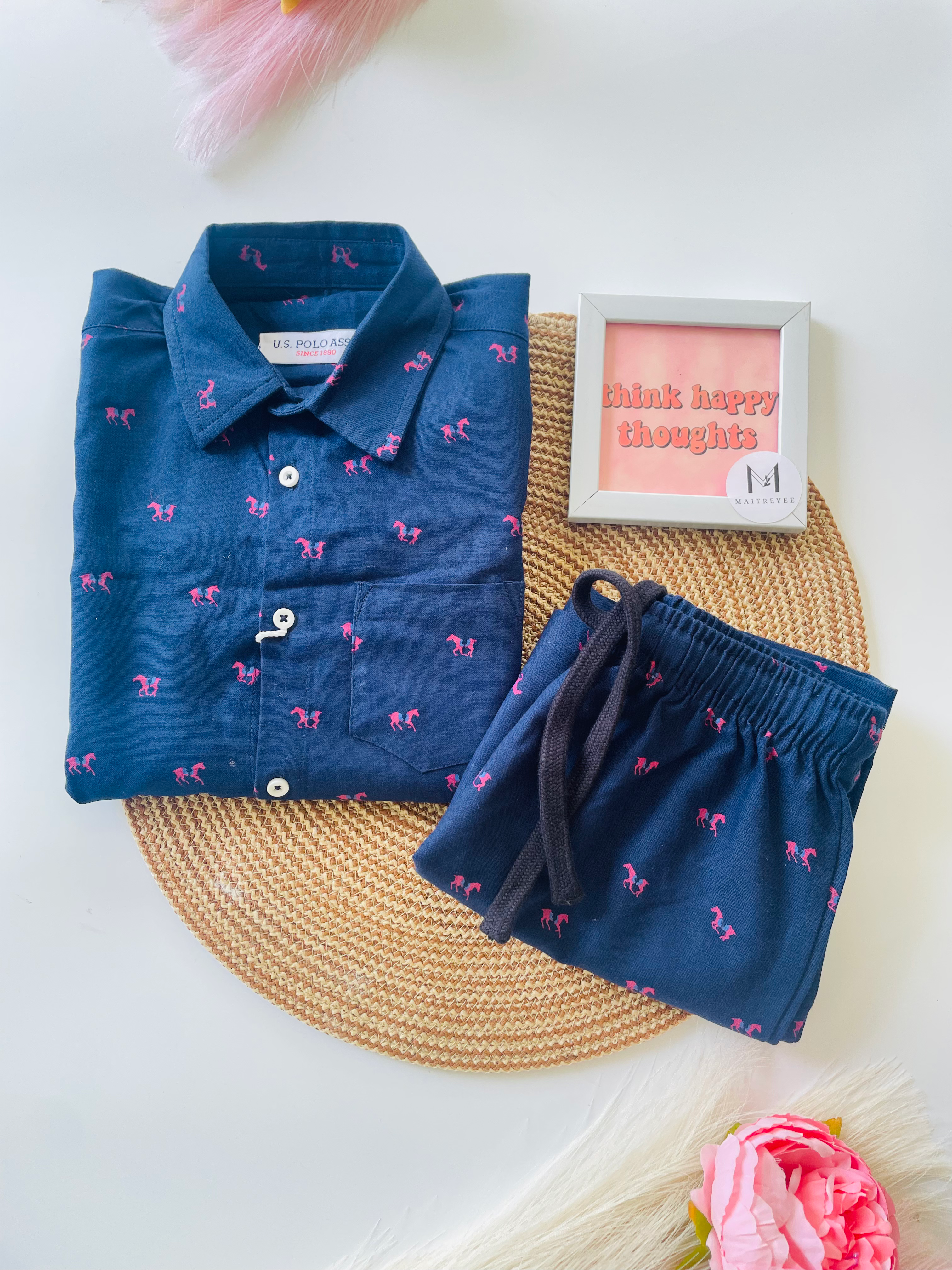 Boys' Navy Blue Horse Print Cotton Shirt & Shorts Set (5–14 Years)