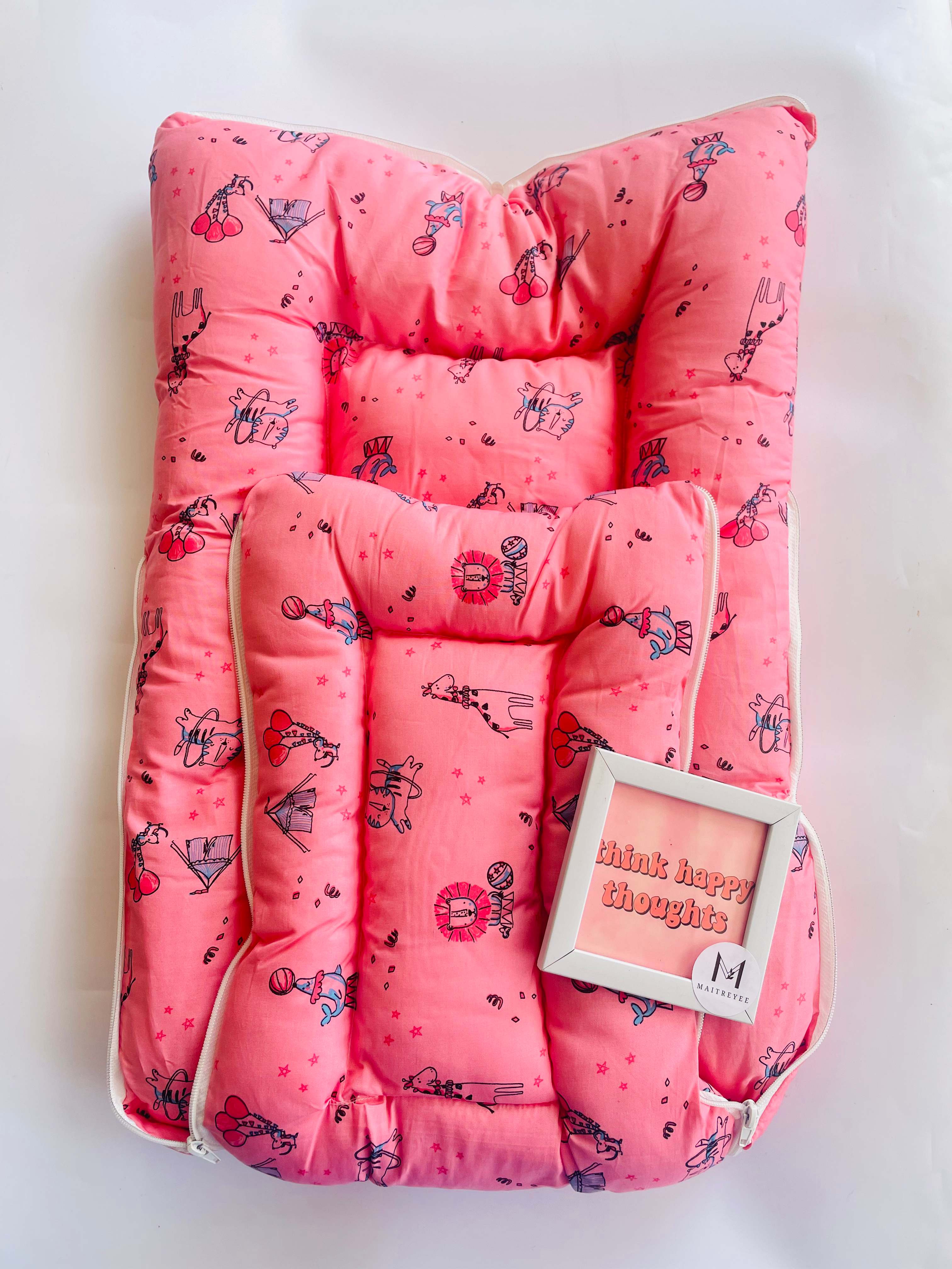 Baby Carry Woven Cotton Comfort Bed with Poly Filling (0-6 M)- Pink Safari