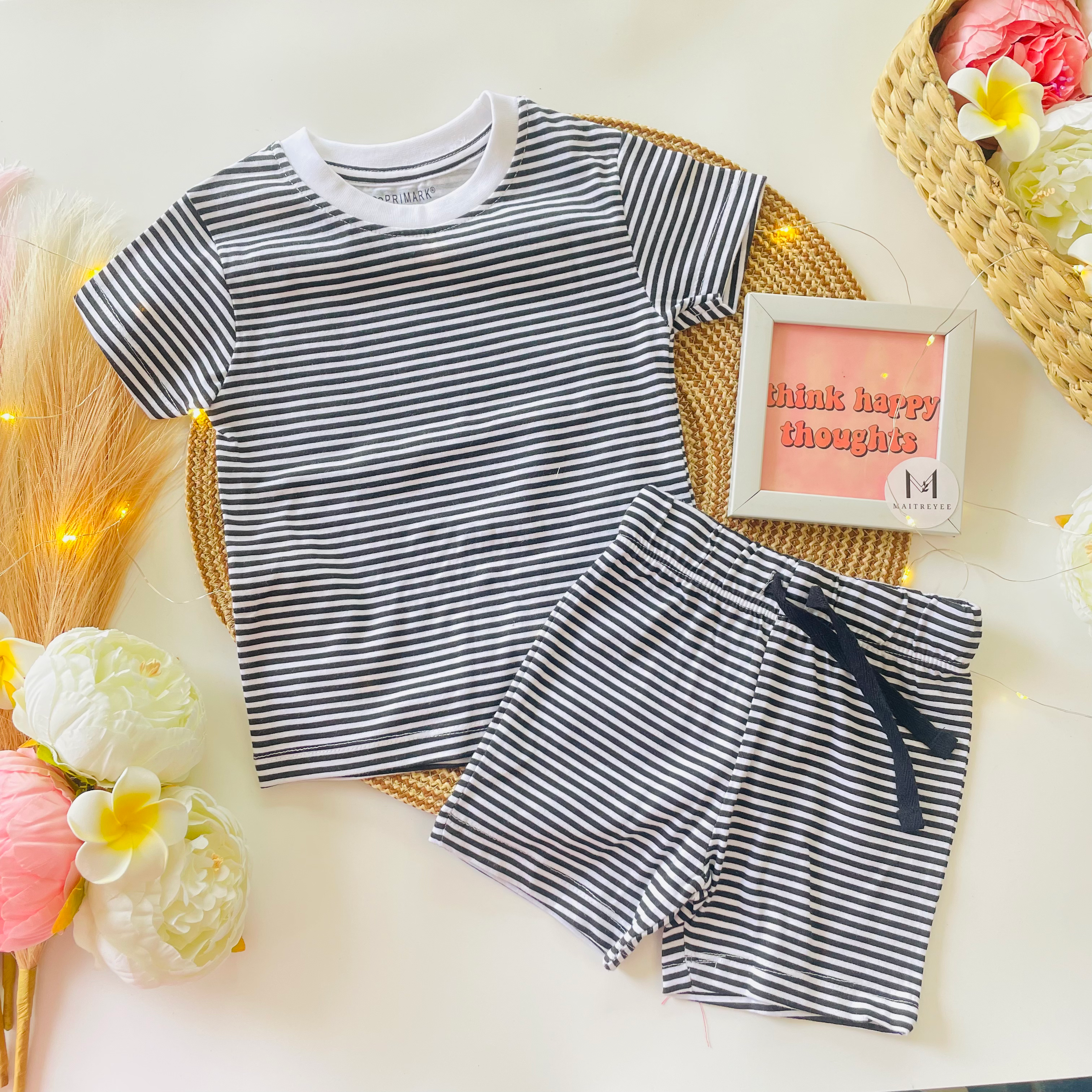 T-Shirt and Shorts Set - Thin Black Stripes