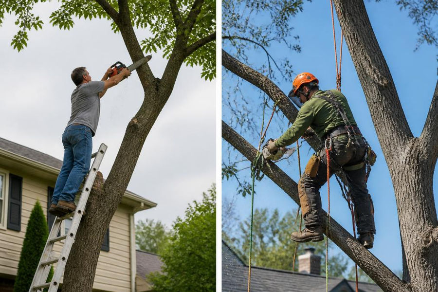Professional arborist in safety harness and helmet with protective chaps and equipment, working on tree branches high up in residential setting with proper rigging gear visible