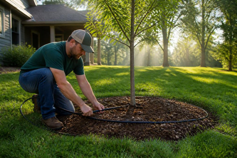 Homeowner watering newly planted tree with soaker hose, mulch ring visible around base, residential yard setting with morning light filtering through trees