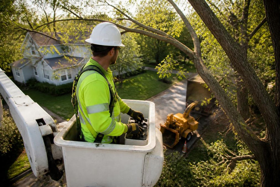 A tree care professional wearing a full safety harness, hard hat, and high-visibility vest operating the controls of a bucket truck elevated near the upper canopy of a large tree, with a yellow wood chipper visible in the background on a residential street in late afternoon light