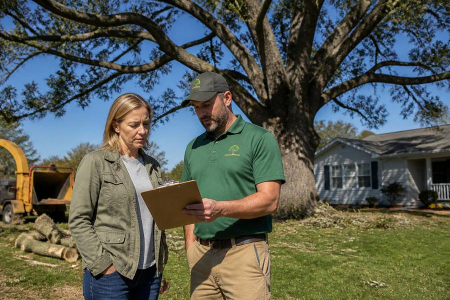 Homeowner and arborist reviewing a tree removal insurance document in a residential yard with an oak tree.