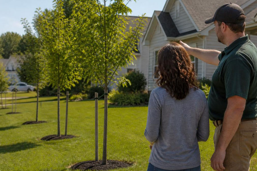 A row of young native trees planted along a residential property line in a Midwest neighborhood, with a homeowner and a tree care professional examining the trees on a sunny day
