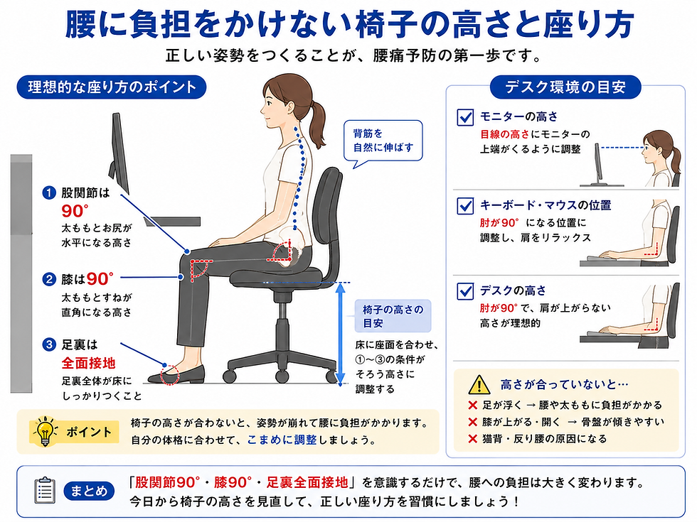 腰に負担をかけない椅子の高さと座り方を示す図。椅子に座る女性と、股関節・膝90度、足裏全接地、モニターや机の高さの目安が描かれている。