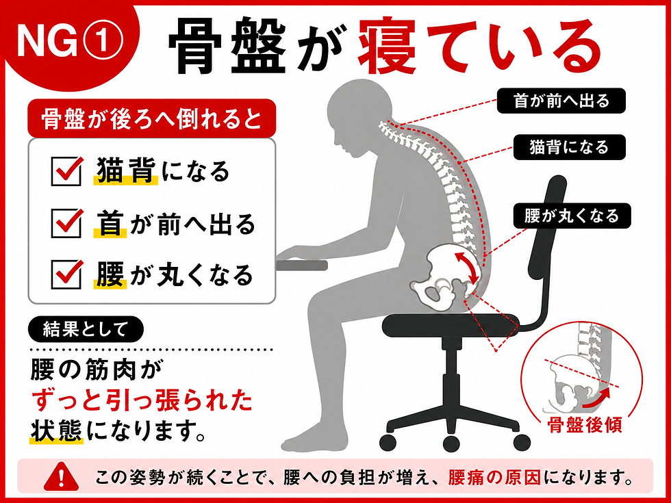 椅子に座る人の骨盤後傾と猫背を示す日本語の図解。腰が丸くなり首が前へ出て、腰痛の原因と警告している。