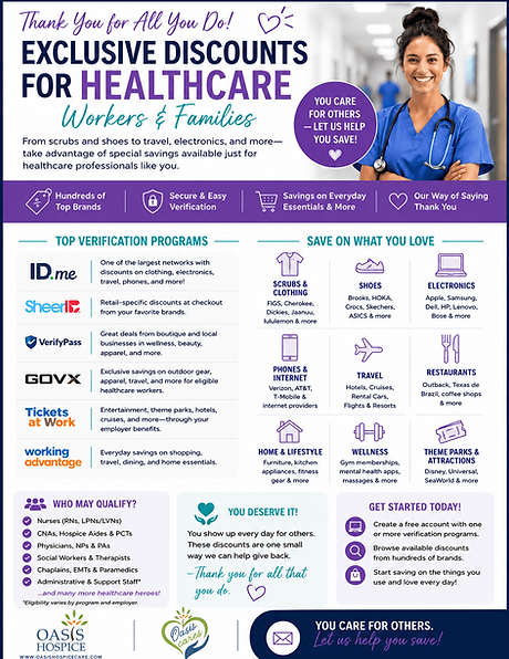 Healthcare worker discounts flyer featuring ID.me, SheerID, VerifyPass, GOVX, Tickets at Work, and Working Advantage, with savings on scrubs, travel, electronics, restaurants, and more.