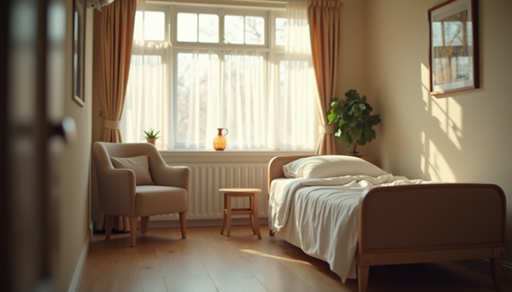 Eye-level view of a peaceful hospice room with a comfortable bed and soft lighting
