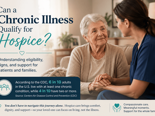 Hospice caregiver holding hands with an elderly woman while discussing chronic illness and hospice eligibility in a comforting home setting