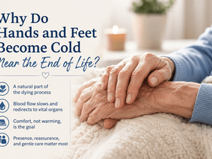 A family member gently holds the hand of an elderly loved one resting under a soft blanket, illustrating the natural circulation changes that can cause cold hands and feet near the end of life.