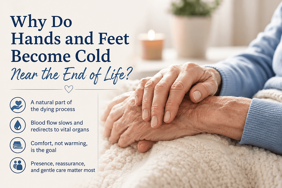 A family member gently holds the hand of an elderly loved one resting under a soft blanket, illustrating the natural circulation changes that can cause cold hands and feet near the end of life.