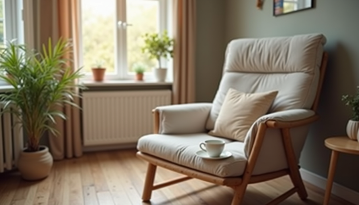 Eye-level view of a quiet home corner with a comfortable chair and a small table holding a cup of tea